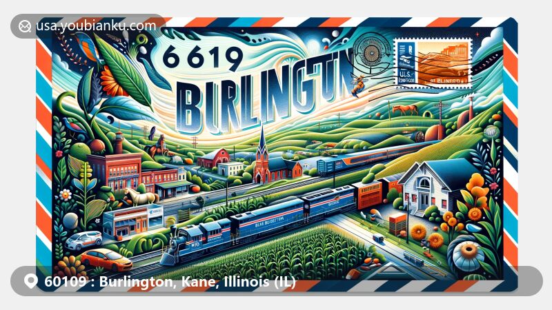 Modern illustration of Burlington, Kane County, Illinois, with airmail envelope shape, highlighting key landmarks like Illinois Central Railroad, dairy industry, cornfields, and horse ranches.