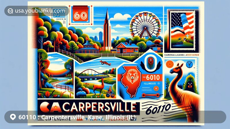 Modern illustration of Carpentersville, Kane County, Illinois, capturing rich postal theme with ZIP code 60110, showcasing Fox River Bike Trail, Randall Oaks Zoo, Carpenter Park, Meadowdale International Raceway, and Illinois state symbols.