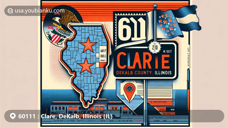 Modern digital illustration of Clare, DeKalb County, Illinois, with Illinois state flag in the background and a stylized map of DeKalb County in the foreground. Includes postal elements like vintage postage stamp and postmark with ZIP Code 60111.