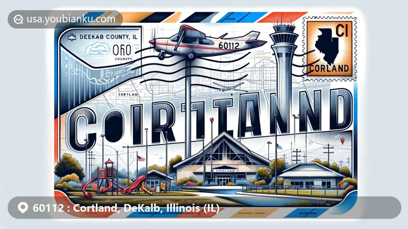 Modern illustration of Cortland, DeKalb County, Illinois, highlighting postal theme with ZIP code 60112, showcasing DeKalb Taylor Municipal Airport, Cortland Community Park, and Illinois state symbols.