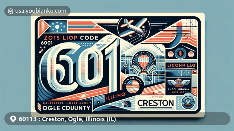 Modern illustration of Creston, Ogle County, Illinois, showcasing postal theme with ZIP code 60113, featuring airmail envelope, Ogle County map, and Lincoln Highway reference.