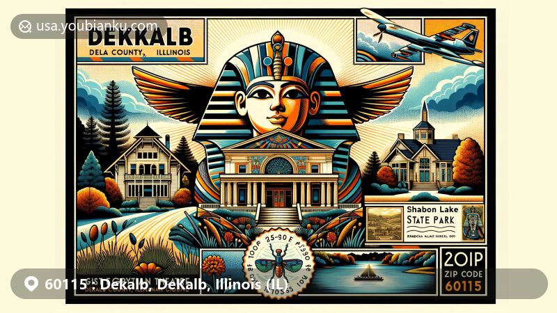 Modern illustration of  ZIP code 60115 area, showcasing DeKalb, DeKalb County, Illinois, featuring the Egyptian Theatre with King Tut's tomb inspiration, stained glass window with scarab beetle and Ra, Ellwood House Museum with barbed wire history, and Shabbona Lake State Park natural beauty.