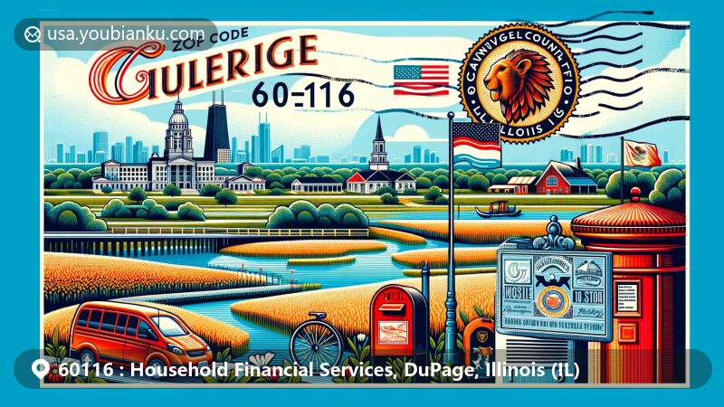 Modern illustration of ZIP Code 60116 area in DuPage County, Illinois, featuring Naperville Riverwalk, Cantigny Park, Mayslake Peabody Estate, and tallgrass prairies, with vintage stamp showcasing Illinois state flag, '60116' postal mark, red mailbox, and postal van.
