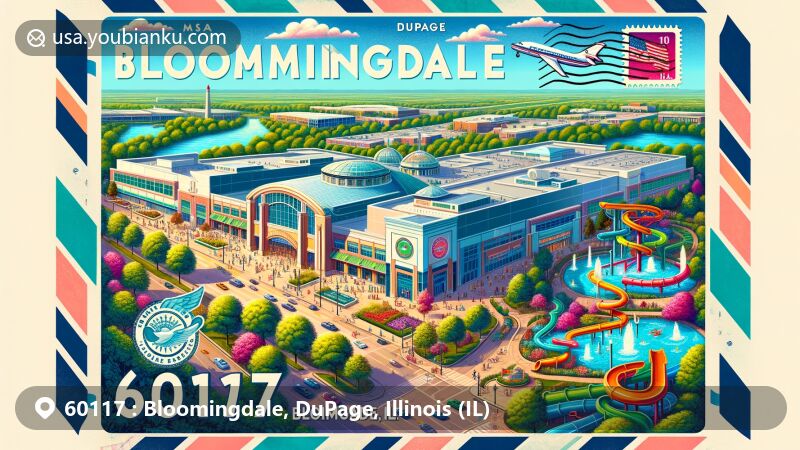 Modern illustration of Bloomingdale, DuPage, Illinois, featuring Stratford Square Mall, Meacham Grove Nature Preserve, Oasis Water Park, and postal theme with ZIP code 60117.