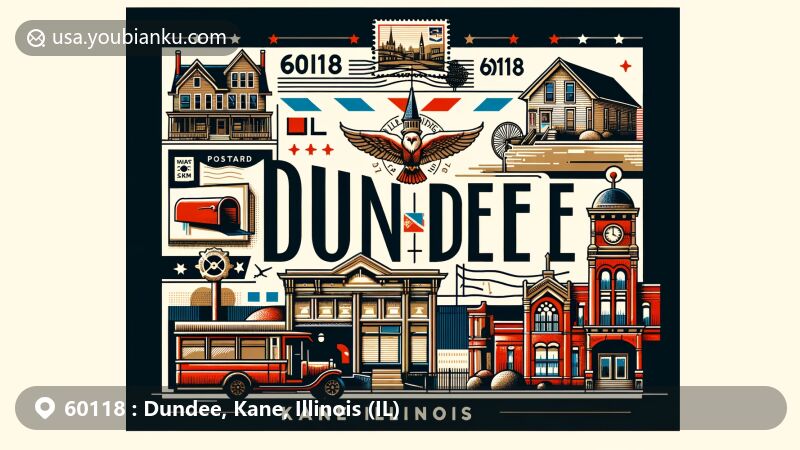Modern illustration of Dundee, Kane, Illinois, highlighting postal theme with ZIP code 60118, showcasing Dundee Township Historic District and iconic buildings, featuring Illinois state flag and classic postal elements.
