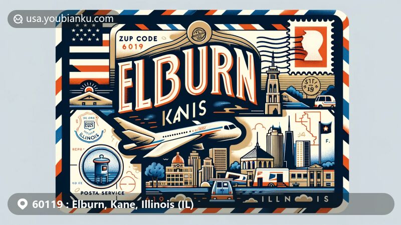 Modern illustration of Elburn, Kane County, Illinois, featuring ZIP code 60119, showcasing iconic landscape, Illinois state flag, and stylized map outline, with airmail envelope and postal elements.