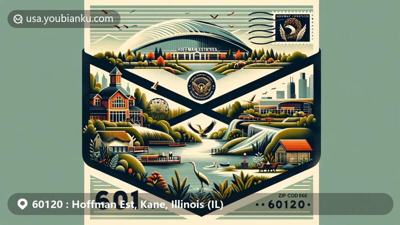Modern illustration of Hoffman Estates, Illinois, showcasing ZIP Code 60120 with the Now Arena stamp and Village Green scenery, incorporating Paul Douglas Preserve and German beer garden elements.