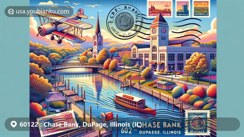 Vibrant illustration representing ZIP code 60122 in DuPage County, Illinois, featuring Riverwalk in Naperville and Cantigny Park, with airmail envelope highlighting postal theme and local landmarks.