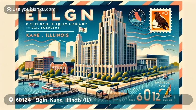 Modern illustration of Elgin, Kane, Illinois, featuring iconic landmarks like Elgin Tower Building, Gail Borden Public Library, and Elgin History Museum, set against Riverside Drive Promenade and Illinois state flag.
