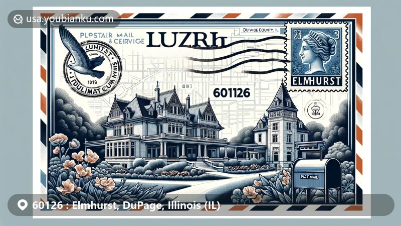 Modern illustration of Elmhurst, DuPage County, Illinois, depicting ZIP code 60126 in air mail envelope style, showcasing Wilder Mansion and Elmhurst Art Museum with DuPage County map outline, vintage postal stamps, and old-fashioned mailbox.