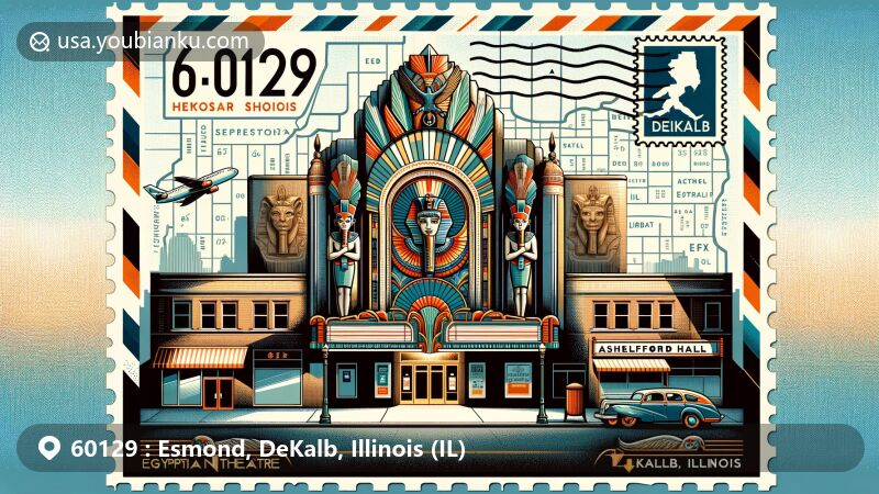 Modern illustration of Esmond, DeKalb, Illinois, featuring Egyptian Theatre and Ashelford Hall, with postal elements such as Illinois state flag postage stamp and 60129 Esmond postmark.