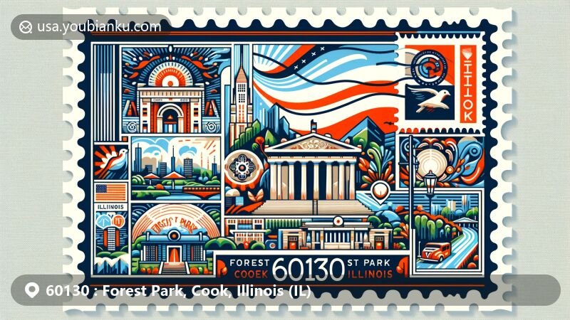 Modern illustration of Forest Park, Cook County, Illinois, capturing the essence of ZIP code 60130 with a postcard theme, featuring iconic landmarks and cultural symbols. Includes detailed depiction of unique landscape or renowned architecture, harmoniously blended with Illinois state symbols.
