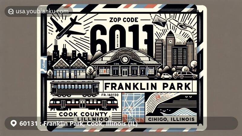 Contemporary illustration of Franklin Park, Cook County, Illinois, inspired by air mail envelope design with ZIP code 60131, featuring Franklin Park Metra station, local parks, Chicago skyline silhouette, and community diversity.