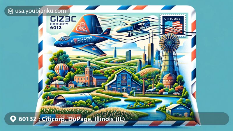 Artistic illustration of Citicorp, DuPage County, Illinois, representing ZIP code 60132 with a modern postal theme, showcasing landmarks like Morton Arboretum, Cantigny Park, and Graue Mill and Museum.