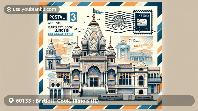 Modern illustration of Bartlett, Cook, Illinois, featuring the BAPS Shri Swaminarayan Mandir, Bartlett History Museum, and Bartlett Depot Museum, with stylized postage stamp of Illinois state flag, highlighting ZIP code 60133.