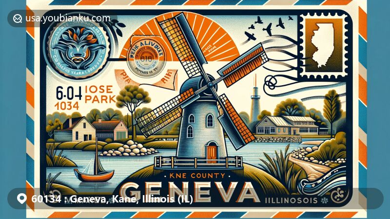 Illustration of Geneva, Kane, Illinois, showcasing postal theme with ZIP code 60134, featuring Fabyan Windmill, Island Park, and cultural symbols.