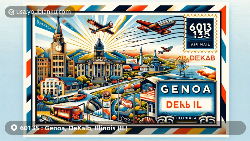 Modern illustration of Genoa, DeKalb, Illinois, portraying ZIP code 60135 in air mail envelope style, showcasing landmarks, cultural elements, and state symbols.
