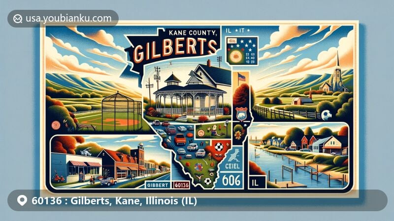 Modern illustration of Gilberts, Kane County, Illinois, depicting local elements like a gazebo, baseball diamond, and soccer field, with a picturesque village landscape and clear blue sky, presented in the style of a large postcard.
