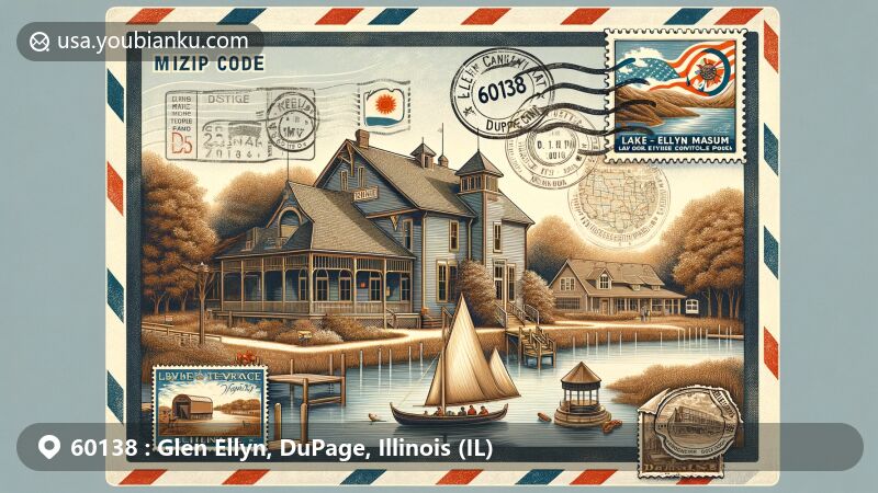 Modern illustration of Glen Ellyn, DuPage County, Illinois, capturing postal theme with a vintage airmail envelope, featuring Cleve Carney Museum of Art, Stacy's Tavern Museum, and Lake Ellyn Park.