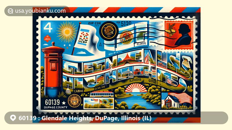Vintage-style illustration of Glendale Heights, DuPage County, Illinois, showcasing postal theme with ZIP code 60139, featuring Camera Park and East Branch Forest Preserve.