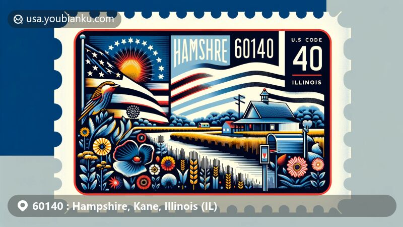Modern illustration of Hampshire, Kane County, Illinois, presenting postal theme with ZIP code 60140, highlighting Muirhead Springs Forest Preserve and natural beauty of prairie flowers, grassland birds, and horseback riding trails, while featuring the Illinois state flag.