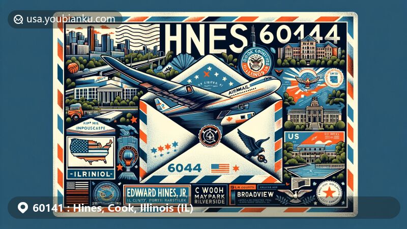 Modern illustration of 60141 postal code area in Hines, Cook County, Illinois, featuring a large airmail envelope with creative collage showcasing key landmarks and characteristics of Hines, including Edward Hines, Jr. VA Hospital and proximity to Broadview, Maywood, Forest Park, and North Riverside, against the backdrop of Cook County outline and Illinois state flag, with postal elements like postage stamp and postmark displaying '60141'.
