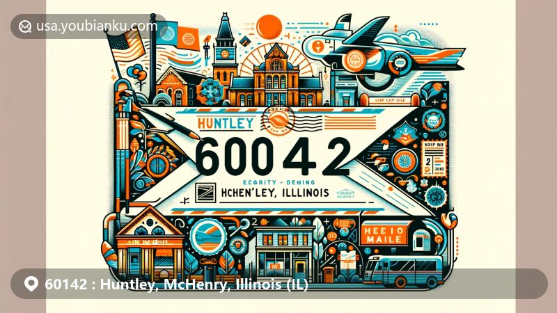 Modern illustration of Huntley, McHenry, Illinois, featuring air mail envelope design with ZIP code 60142, showcasing historic downtown area and community charm.