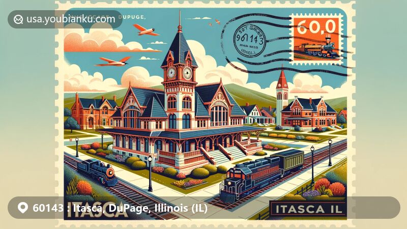 Creative illustration of ZIP Code 60143 in Itasca, DuPage, Illinois, highlighting the Itasca Historical Depot Museum and its railroad history, surrounded by diverse architectural styles and natural scenery.