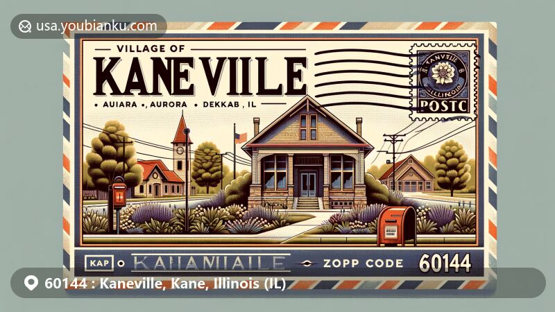 Modern illustration of Kaneville, Kane County, Illinois, showcasing postal theme with ZIP code 60144, featuring the village's rural charm and small-town ambiance. Depicts Kaneville Public Library, vintage stamp, postmark, and mailbox in colorful digital style.