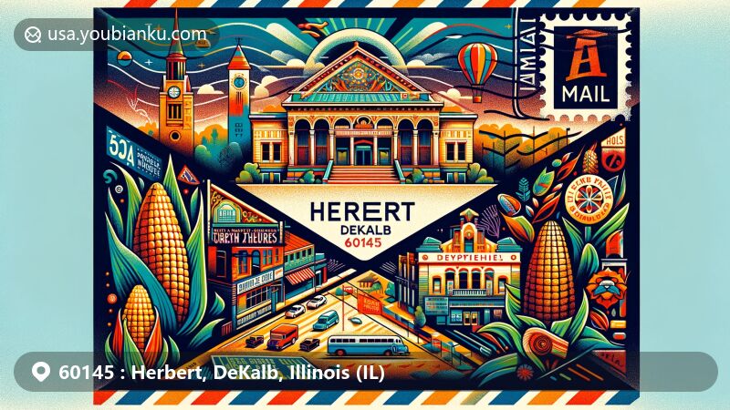 Modern illustration of Herbert, DeKalb, Illinois, featuring ZIP code 60145, with vibrant colors and postal theme, highlighting Egyptian Theatre, Ellwood House Museum, Corn Fest, and NIU Huskie Stadium.