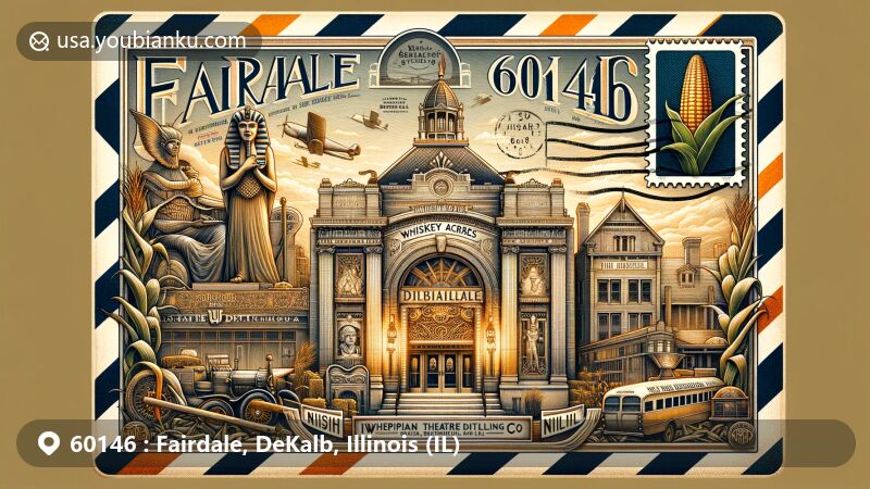 Modern illustration of Fairdale, DeKalb County, Illinois, highlighting ZIP code 60146 with a postal-themed design. Features include Egyptian Theatre, Ellwood House Museum, Whiskey Acres Distilling Co, NIU Huskie Stadium, corn motifs, and Illinois state flag stamp.