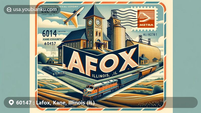 Modern illustration of Lafox, Kane, Illinois, featuring historic La Fox Schoolhouse Bell Tower and Potter and Barker Grain Elevator, set against a backdrop of rolling farmlands and Union Pacific West Line train, capturing the blend of historical and modern charm in ZIP code 60147.