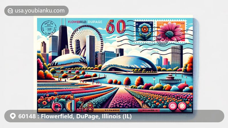 Modern illustration of Flowerfield, DuPage County, Illinois, capturing iconic Illinois landmarks including Navy Pier and Millennium Park, and showcasing vibrant flower fields, postal elements, and ZIP code 60148.
