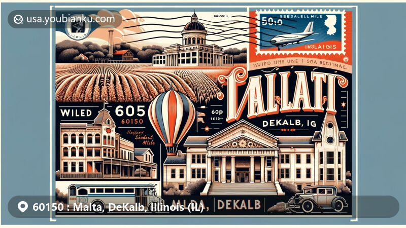 Modern illustration of Malta, DeKalb, Illinois, intertwining local landmarks with postal design, featuring the Egyptian Theatre, Ellwood House Museum, farmlands, and the 'seedling mile' of Lincoln Highway.