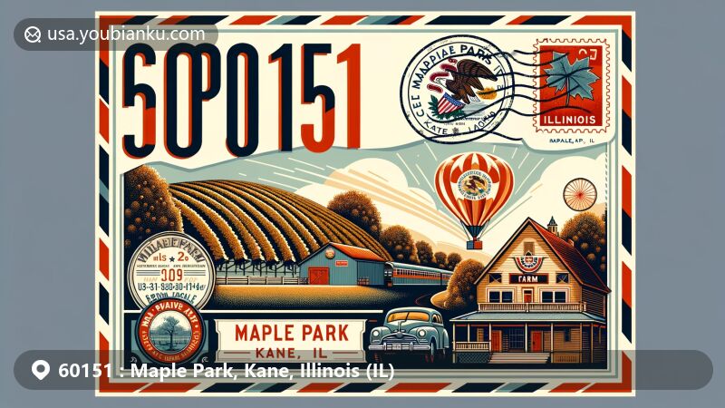 Modern illustration of Maple Park, Kane, Illinois, with vintage airmail envelope featuring ZIP code 60151, Illinois state flag stamp, and landmarks like Acquaviva Winery and Kuipers Family Farm.