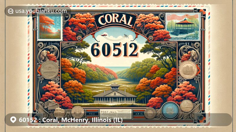 Modern illustration of Coral, McHenry, Illinois, featuring Coral Woods with vibrant sugar maples and majestic oaks, encapsulated in a postal-themed frame with vintage postage stamps depicting McHenry Outdoor Theater.