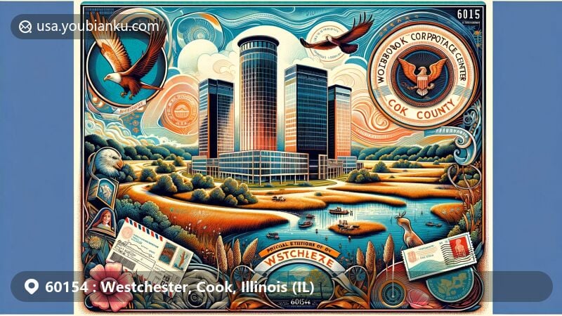 Modern illustration of Westchester, Cook County, Illinois, showcasing Westbrook Corporate Center and postal elements with ZIP code 60154, featuring diverse community symbols and Wolf Road Prairie.