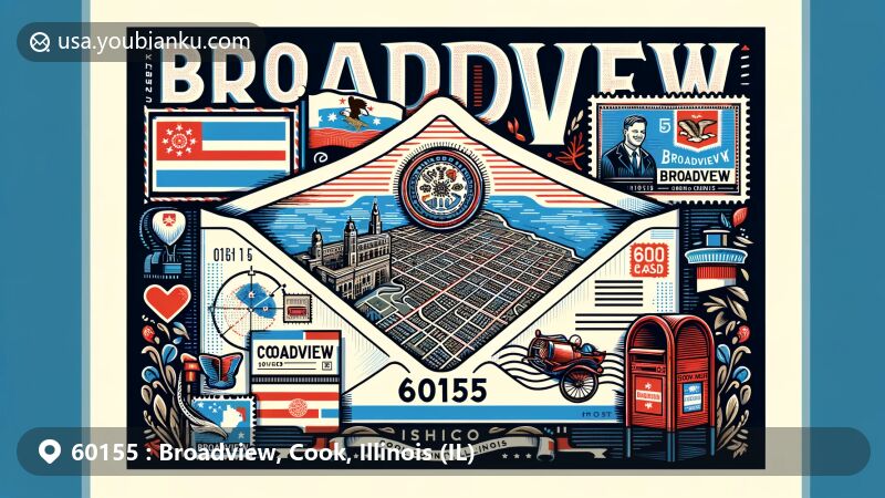 Modern illustration of Broadview, Cook County, Illinois, capturing ZIP code 60155 with vintage airmail envelope design, Illinois state flag, Cook County map, and cultural symbol of Broadview.