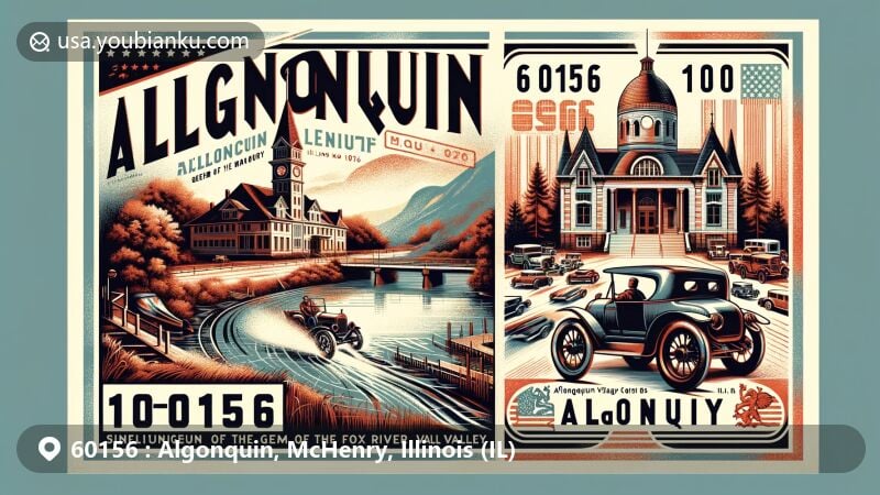 Modern illustration of Algonquin, McHenry County, Illinois, featuring vintage postcard design showcasing iconic landmarks like Fox River and Village Hall, with a nod to Algonquin Hill Climbs and postal theme with ZIP code 60156.