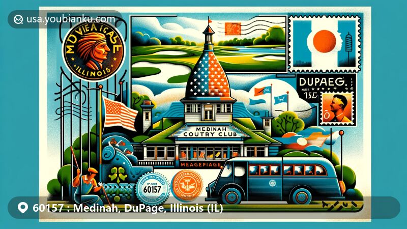 Modern illustration of Medinah area, DuPage County, Illinois, featuring famous Medinah Country Club, host of major golf events like US Open and Ryder Cup, surrounded by elements representing Illinois with state flag and rural landscapes, integrating postal elements like vintage stamps and postmark with ZIP code 60157.