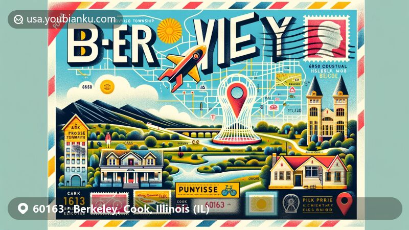 Modern illustration of Berkeley, Cook County, Illinois, featuring Proviso Township map outline, Sunnyside Elementary School, and Illinois Prairie Path, along with air mail envelope design and postal elements.