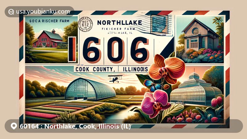 Modern illustration of Northlake, Cook County, Illinois, highlighting ZIP code 60164 with Fischer Farm and Wilder Park Conservatory, featuring lush greenery, exotic orchids, and Illinois state flag.