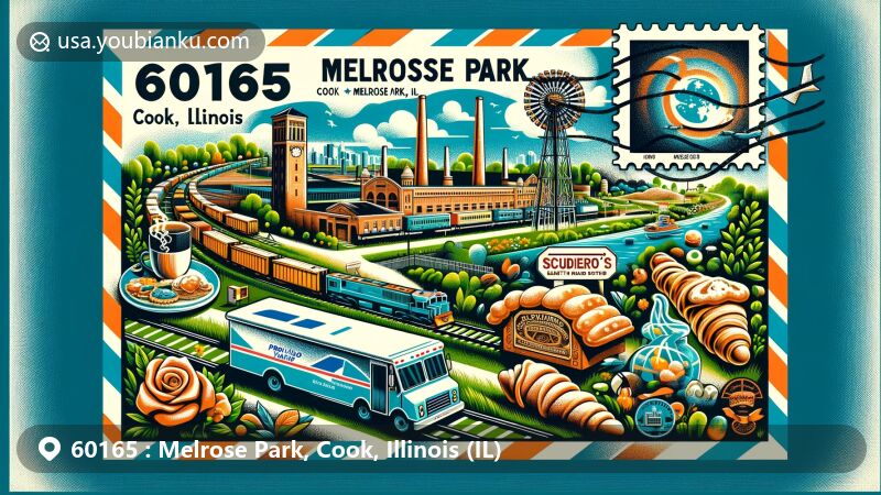 Modern illustration of Melrose Park, Cook County, Illinois, inspired by ZIP code 60165, resembling an airmail envelope with Proviso freight yards, Cernan Earth and Space Center, Scudiero’s Italian Bakery cuisine, and Des Plaines River Trail.