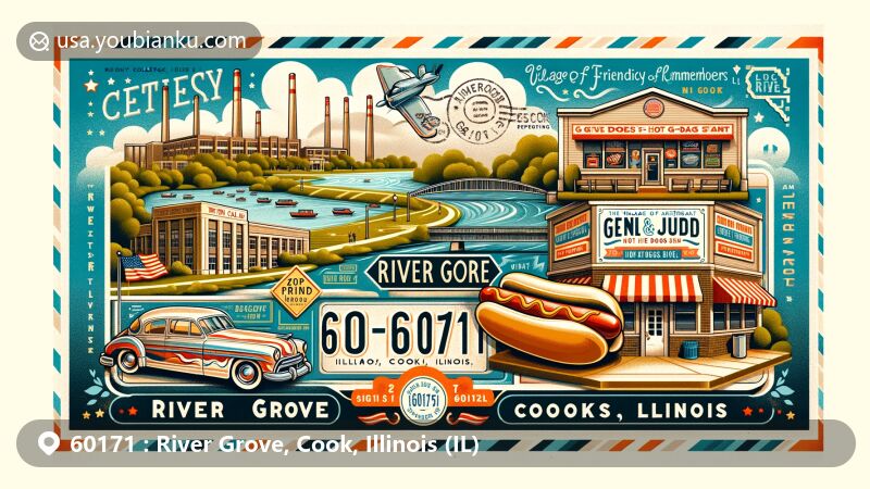 Modern illustration of River Grove, Cook County, Illinois, featuring ZIP code 60171, showcasing Triton College, Gene & Jude's Hot Dog stand, River Front Park, and small-town community charm.