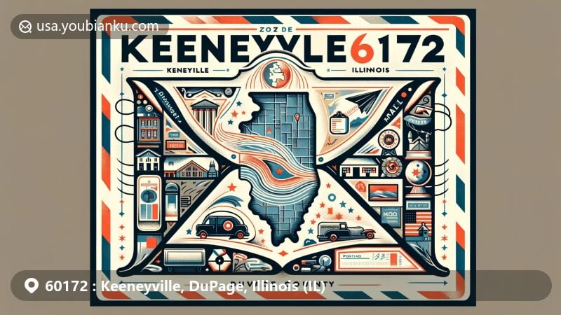 Modern illustration of Keeneyville, DuPage County, Illinois, featuring a creative postcard design with Illinois state flag, iconic Keeneyville imagery, and postal elements. ZIP code 60172 is prominently displayed.