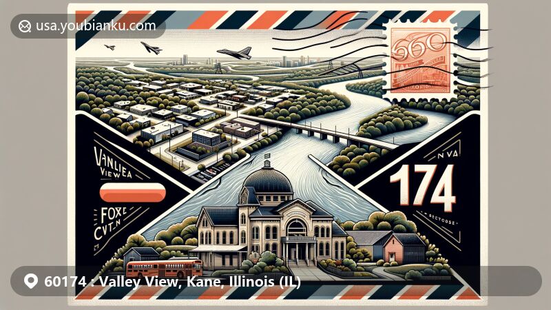 Modern illustration of Valley View, Kane County, Illinois, representing ZIP code 60174 with airmail envelope shape, showcasing Fox River view and Central Geneva Historic District, including Chicago, Burlington & Quincy Roundhouse.