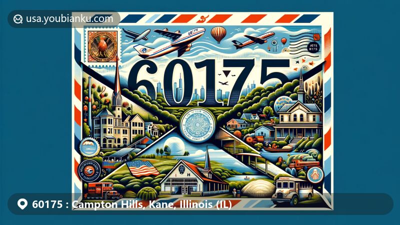 Modern illustration of Campton Hills, Kane County, Illinois, featuring postal theme with ZIP code 60175, showcasing iconic landmarks and symbols including Fox River Valley, Campton Township Historic District, and Campton Hills Forest Preserve.
