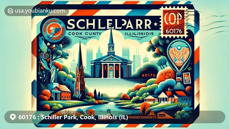 Modern illustration of Schiller Park, Cook County, Illinois, representing ZIP code 60176 with vintage airmail envelope, postal stamp, Eden Cemetery Chapel, Des Plaines River, and diverse community silhouettes in vibrant style.