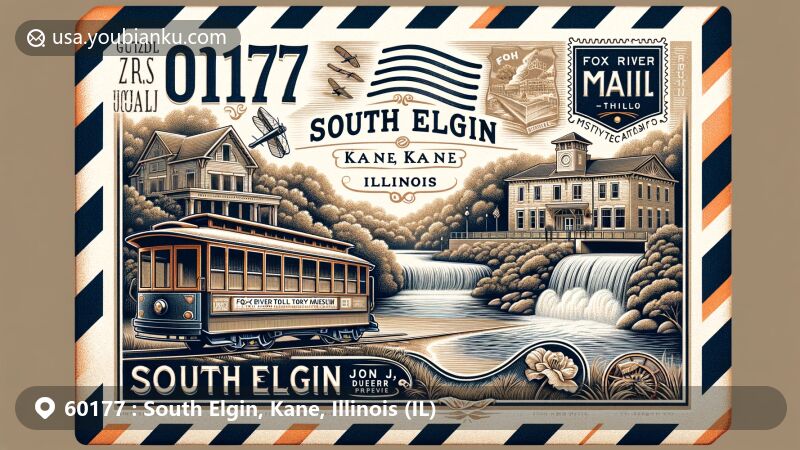 Modern illustration of South Elgin, Kane, Illinois, showcasing postal theme with ZIP code 60177, featuring Fox River Trolley Museum, Panton Mill Park, South Elgin Dam, Blackhawk Waterfall, and Fox River Trail.