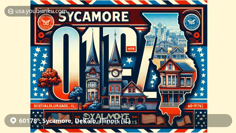 Modern illustration of Sycamore, DeKalb, Illinois, inspired by vintage air mail envelope, showcasing landmarks and symbols, including Sycamore Historic District, DeKalb County outline, and Illinois state flag.